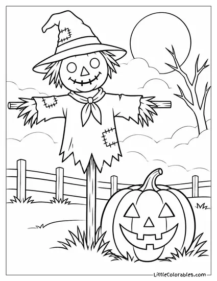 Jack O Lantern Glowing Beside a Scarecrow Guarding a Foggy Field Coloring Page