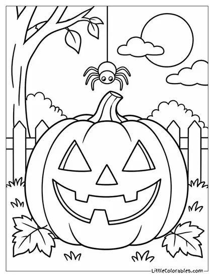 Jack O Lantern Glowing Brightly with a Spider Lowering Itself Onto Its Stem Coloring Page