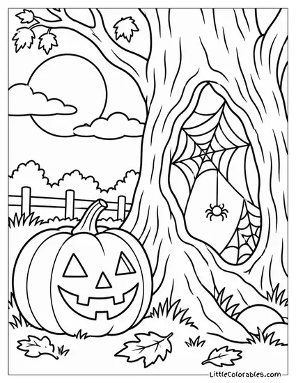 Jack O Lantern Glowing Near a Hollow Tree Stuffed with Spider Webs Coloring Page