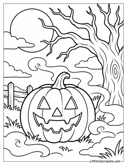 Jack O Lantern Glowing Softly with Fog Curling Around a Spooky Tree Coloring Page