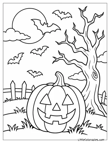 Jack O Lantern Glowing Under a Bat Filled Sky Near a Crooked Tree Coloring Page