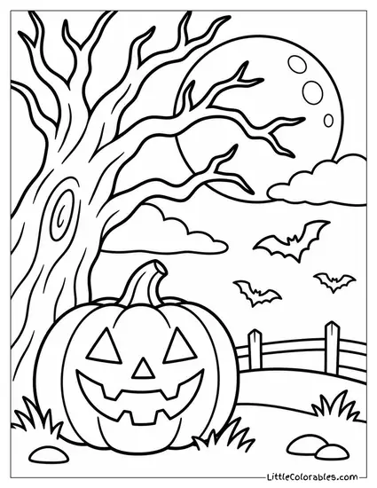 Jack O Lantern Glowing Under a Spooky Tree Silhouette Against the Moon Coloring Page