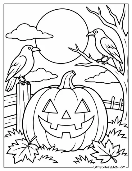 Jack O Lantern Grinning Beneath a Full Moon with Crows Perched Nearby Coloring Page