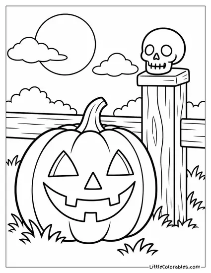 Jack O Lantern Grinning Beside a Fence Post Topped with a Small Skull Coloring Page
