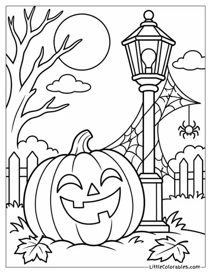 Jack O Lantern Laughing Beneath a Web Covered Lantern Post Coloring Page