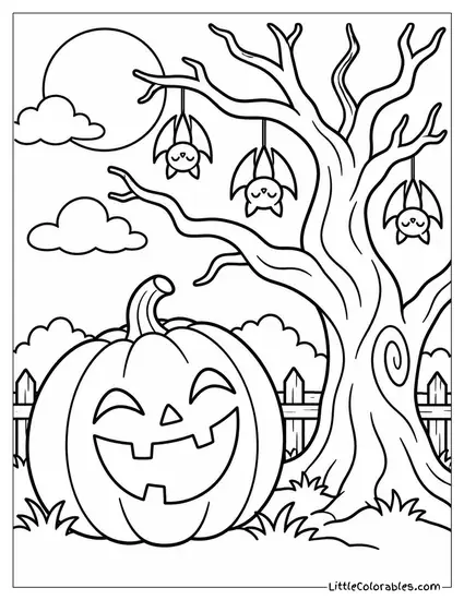 Jack O Lantern Laughing Beside a Gnarled Tree Hung with Tiny Bats Coloring Page