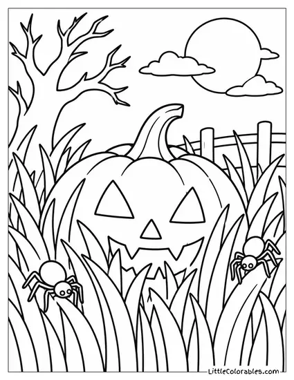 Jack O Lantern Peeking Out from Tall Dead Grass with Spiders Crawling Nearby Coloring Page