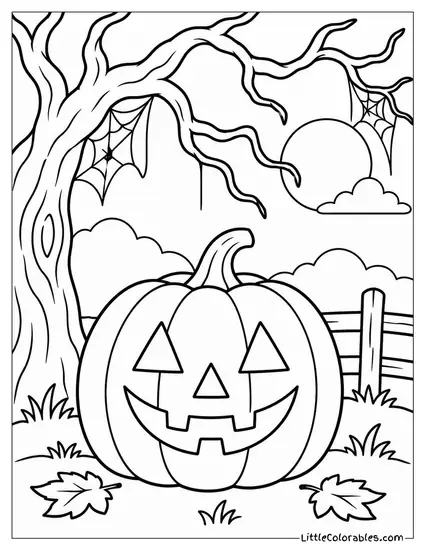 Jack O Lantern Sitting Beneath Twisted Branches Dripping with Cobwebs Coloring Page
