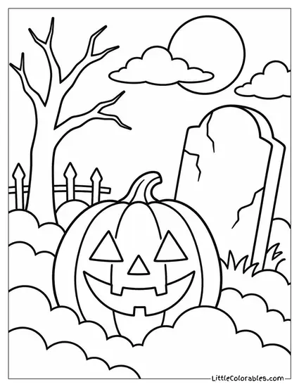 Jack O Lantern Sitting in Fog with a Crooked Tombstone Behind It Coloring Page