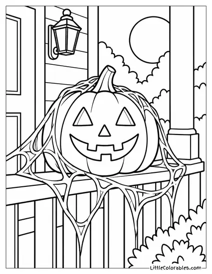 Jack O Lantern Sitting on a Porch Railing Tangled in Fake Cobwebs Coloring Page