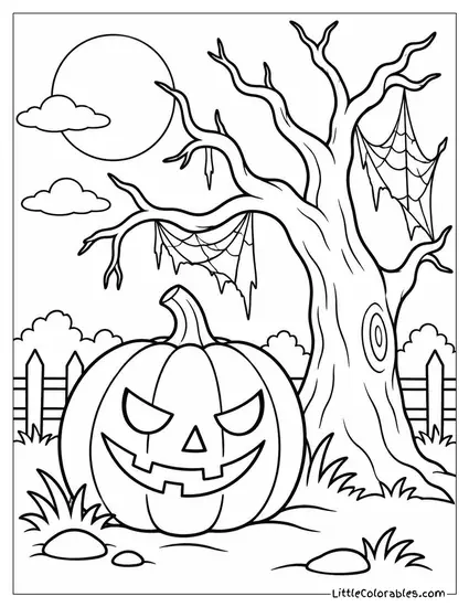 Jack O Lantern Smirking Beneath a Dead Tree Draped in Torn Cobwebs Coloring Page