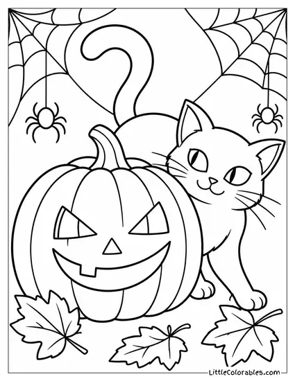 Jack O Lantern Smirking with a Black Cat Weaving Through Spider Webs Coloring Page