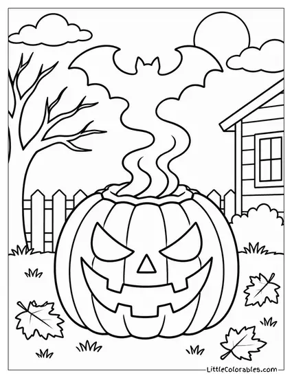 Jack O Lantern Smoldering with Smoke Shaped Like a Bat Overhead Coloring Page