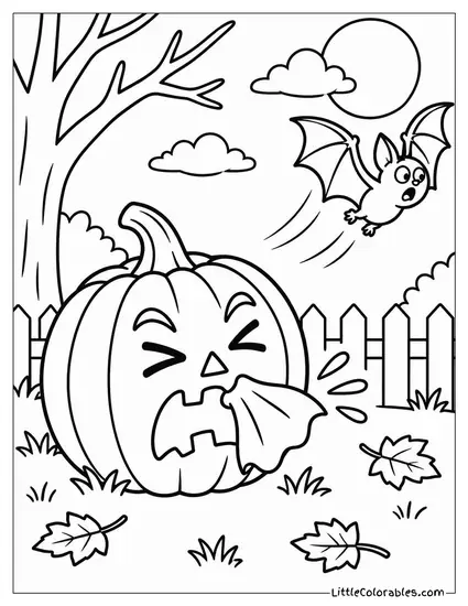 Jack O Lantern Sneezing with a Startled Bat Flying Out of Frame Coloring Page