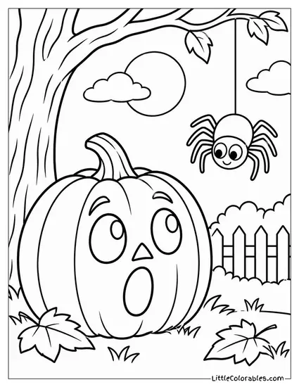 Jack O Lantern Surprised Expression with a Spider Dropping Down Nearby Coloring Page