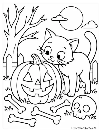 Jack O Lantern Surrounded by Scattered Bones and a Curious Black Cat Coloring Page