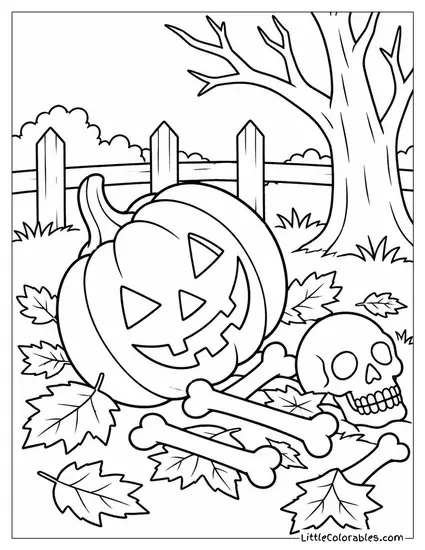 Jack O Lantern Tipping Over Near a Pile of Bones and Dry Leaves Coloring Page