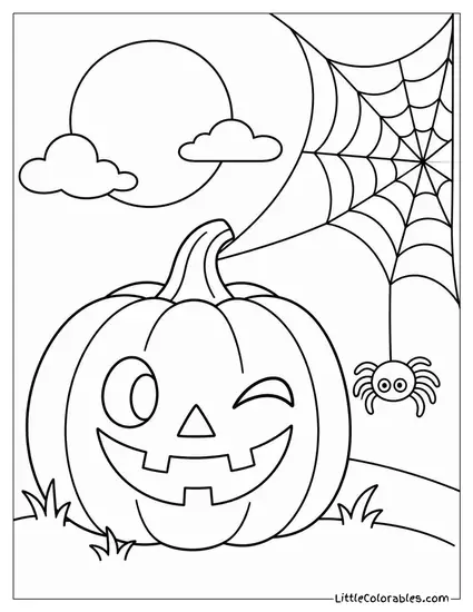 Jack O Lantern Winking Beside a Spiderweb Catching Pale Moonlight Coloring Page