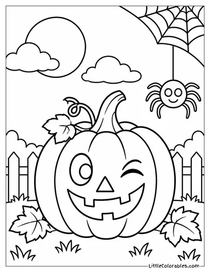 Jack O Lantern Winking with a Spider Dangling from a Web Above Coloring Page