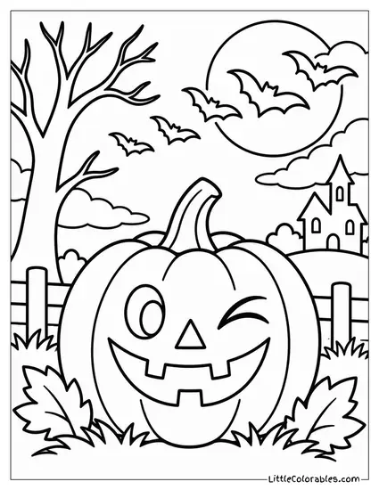 Jack O Lantern Winking with a Swarm of Bats Streaking Past the Moon Coloring Page