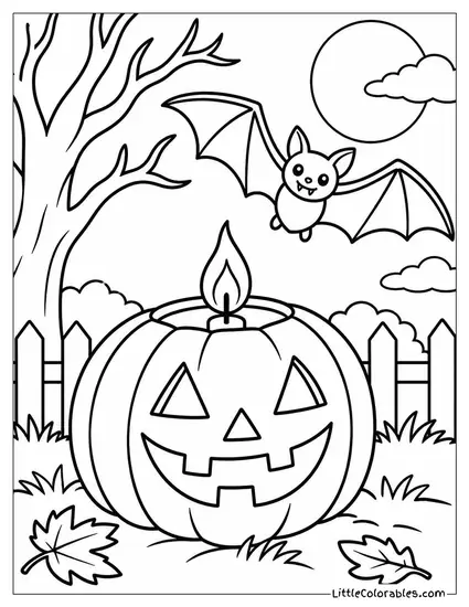 Jack O Lantern with a Candle Flame Flickering as a Bat Swoops Close Coloring Page