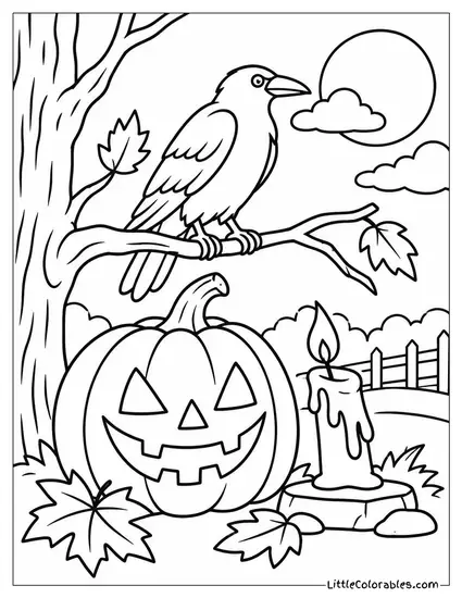 Jack O Lantern with a Crooked Candle Glow Beside a Raven on a Branch Coloring Page