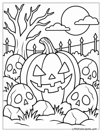 Jack O Lantern with a Crooked Grin Nestled Among Skull Shaped Stones Coloring Page