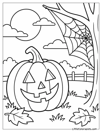 Jack O Lantern with a Crooked Smile Beside a Spiderweb Catching Moonlight Coloring Page