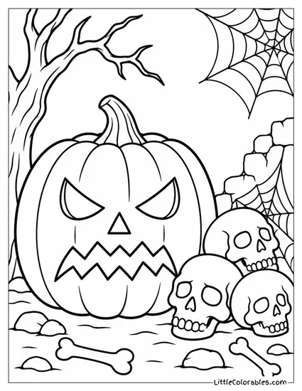 Jack O Lantern with a Jagged Frown Near a Pile of Skulls and Webs Coloring Page