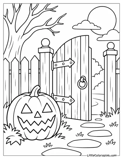 Jack O Lantern with a Jagged Smile Beside a Creaking Wooden Gate Coloring Page