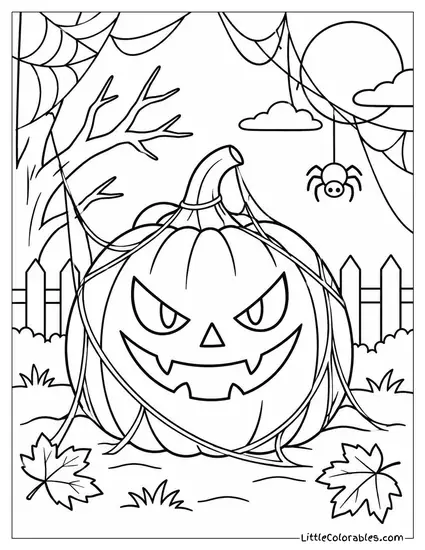 Jack O Lantern with a Mischievous Grin Tangled in Dangling Spider Silk Coloring Page