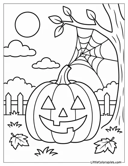 Jack O Lantern with a Spiderweb Stretched Between Its Stem and a Branch Coloring Page
