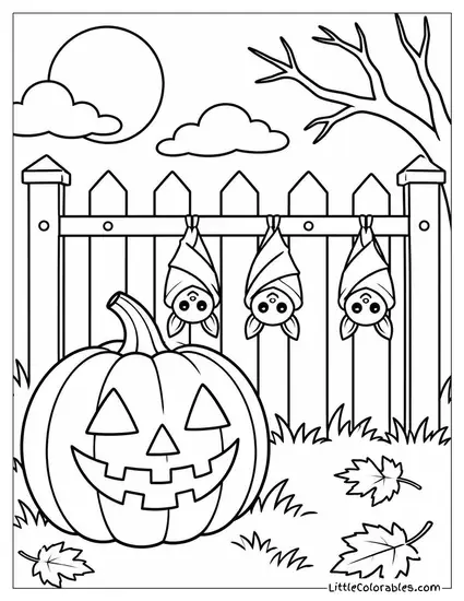 Jack O Lantern with a Toothy Grin Beside a Fence of Hanging Bats Coloring Page