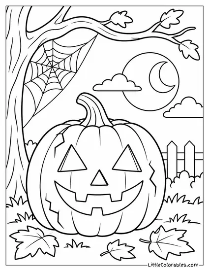 Jack O Lantern with Cracked Carving Details and a Web Strung to a Branch Coloring Page