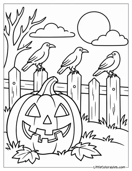 Jack O Lantern with Crooked Teeth Beside a Fence Lined with Crows Coloring Page