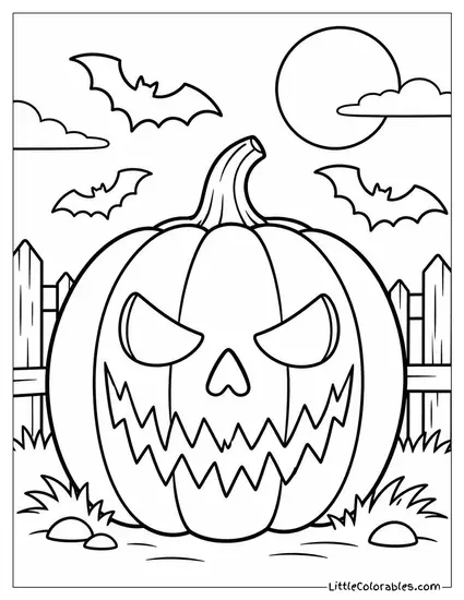 Jack O Lantern with Jagged Skull Shaped Teeth and Bats Circling Above Coloring Page