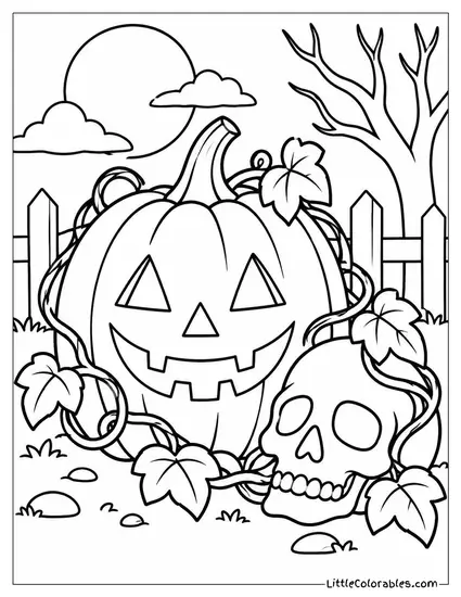 Jack O Lantern with Vines Curling Around a Nearby Skull Decoration Coloring Page