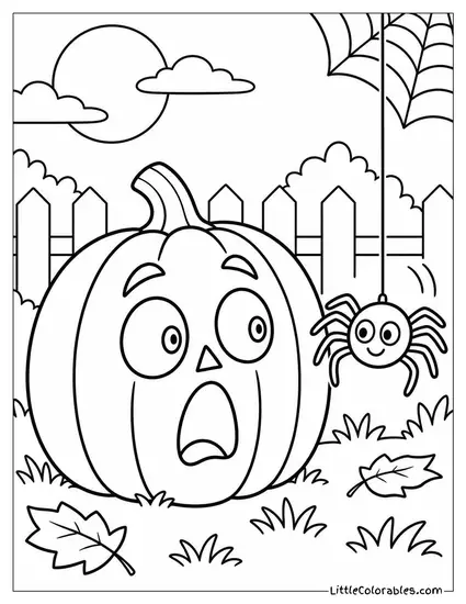 Jack O Lantern with Wide Surprised Eyes as a Spider Drops in Front Coloring Page