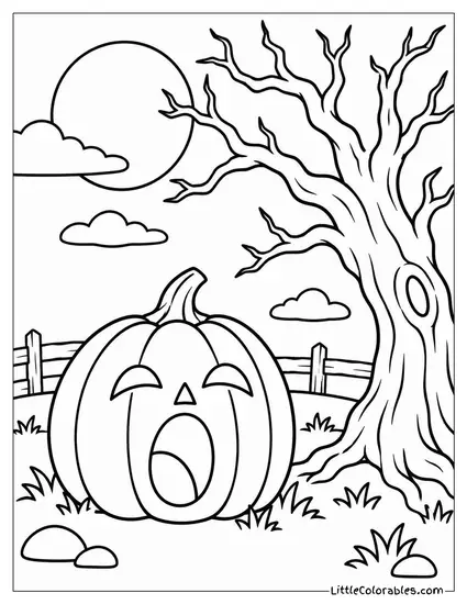 Jack O Lantern Yawning Beside a Gnarled Spooky Tree with Bare Branches Coloring Page