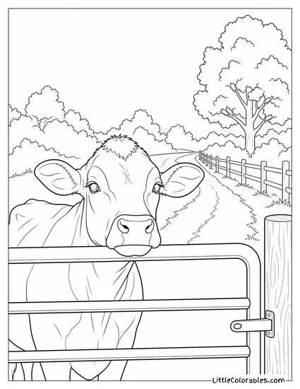 Jersey Cow with Her Chin Resting on a Gate Bar Watching the Lane Beyond Coloring Page