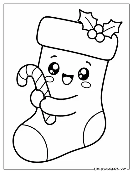 Kawaii Christmas Stocking Hugging a Tiny Candy Cane Coloring Page