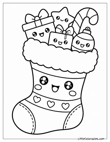 Kawaii Christmas Stocking Overflowing with Kawaii Gifts with Faces Coloring Page