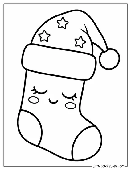 Kawaii Christmas Stocking Sleeping with a Nightcap on Top Coloring Page