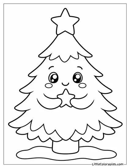 Kawaii Christmas Tree Blushing Holding a Tiny Star Coloring Page