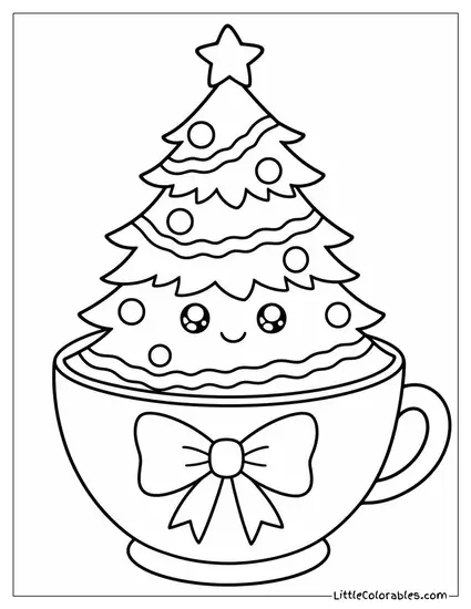 Kawaii Christmas Tree Sitting Inside a Teacup Coloring Page