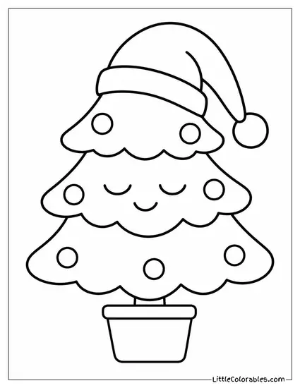 Kawaii Christmas Tree Sleeping with a Nightcap On Coloring Page