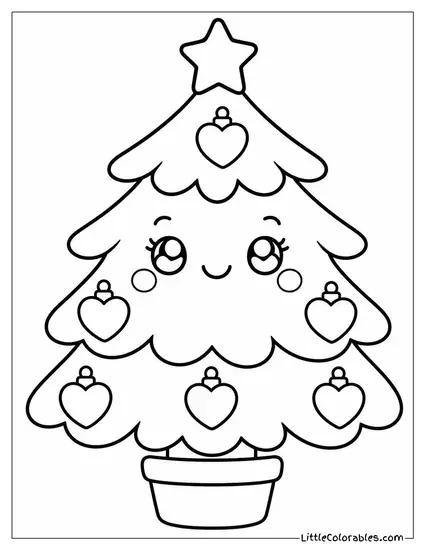 Kawaii Christmas Tree with Heart Ornaments Rosy Cheeks Coloring Page