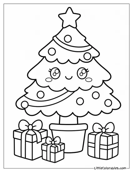 Kawaii Christmas Tree with Tiny Gifts Around It Coloring Page