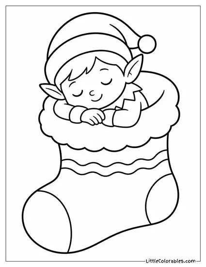 Kawaii Elf Asleep Inside a Christmas Stocking Coloring Page