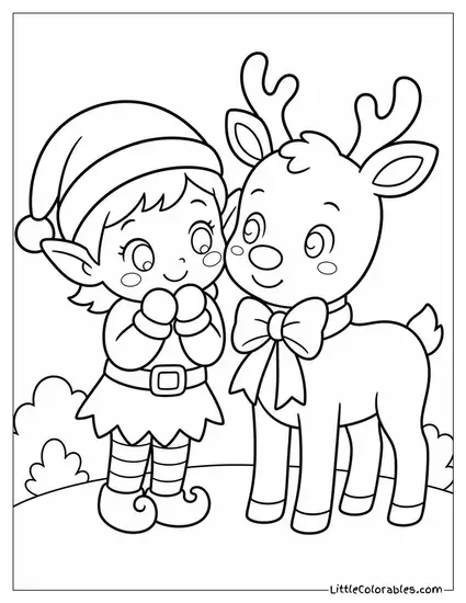 Kawaii Elf Blushing Beside a Bow-Tied Reindeer Coloring Page